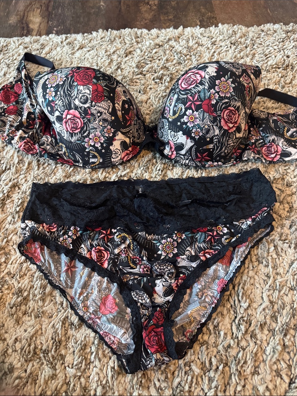 Floral Skull Print Black Lace Bra & Bikini Panty Set